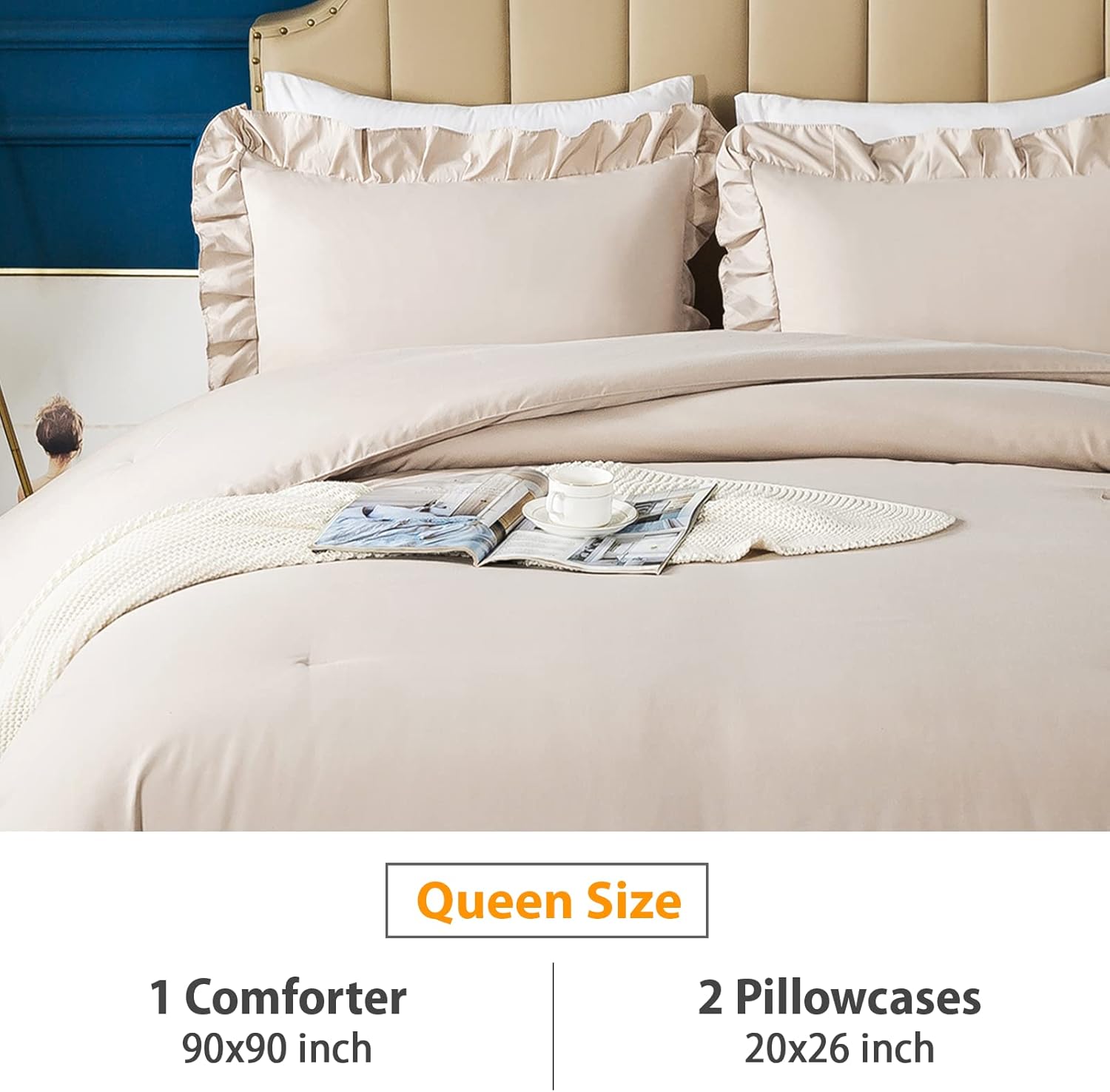Khaki Queen Comforter Set, 3 Pieces Farmhouse Shabby Chic Bedding Set for Queen Bed, All Season Soft Lightweight Microfiber Bed Set for Men Women